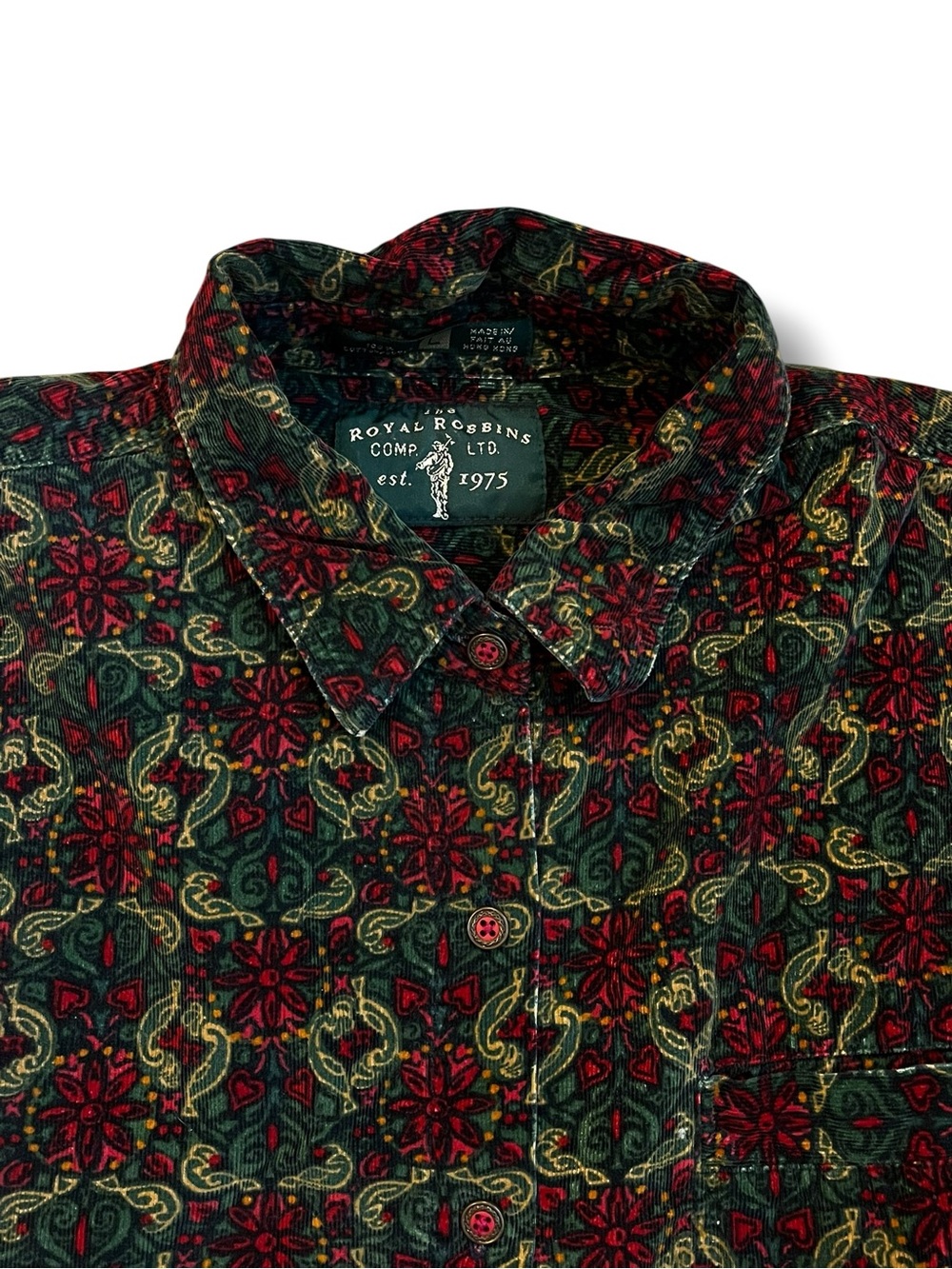 Royal Robbin’s Corduroy Shirt Large Red Green Geo Print Vintage 90s Hong Kong